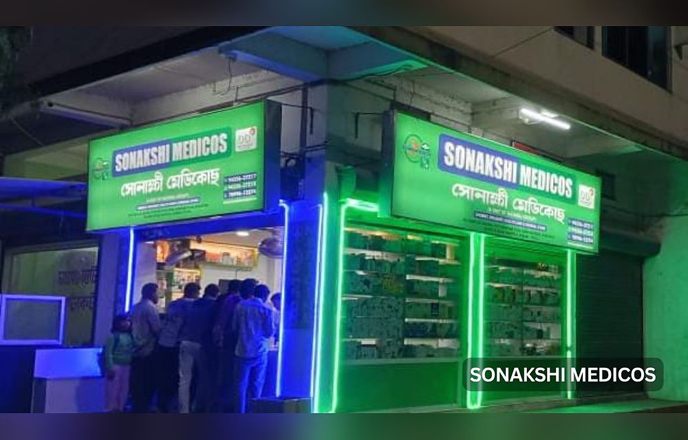 Sonakshi Medicos storefront lit up at night